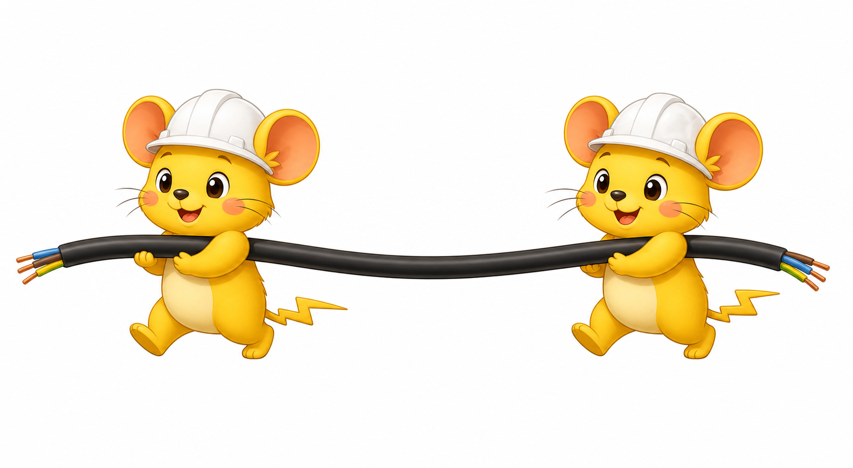 Two yellow mascots carrying a cable